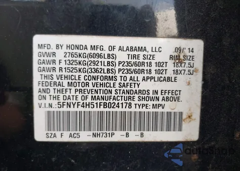 2015 Honda Pilot Ex-L from USA, damaged, VIN 5FNYF4H51FB024178